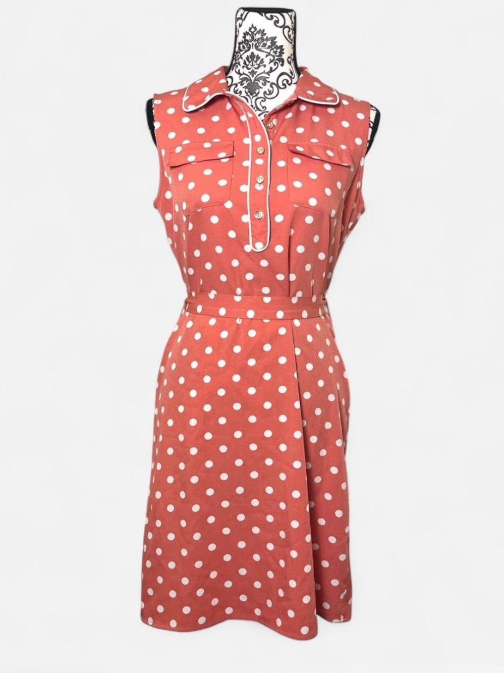 Tommy Hilfiger Coral Red Polka Dot Sleeveless Shirt Dress